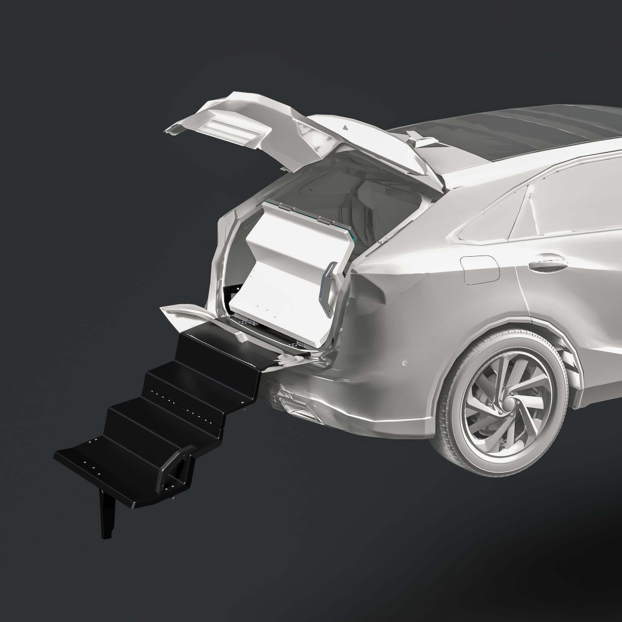 CAD model showing Dog & Drive dog steps and vehicle-specific frame